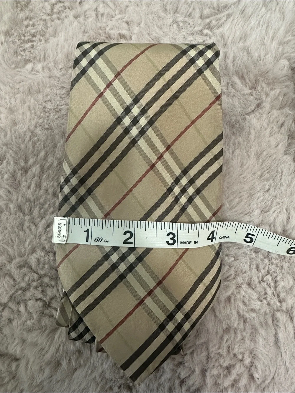 Burberry Beige Plaid Silk Tie with Black, White and Red Accents